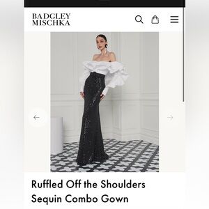 Badgley Mischka Off-Shoulder Ruffle Sequin Shirt Gown Sz 4